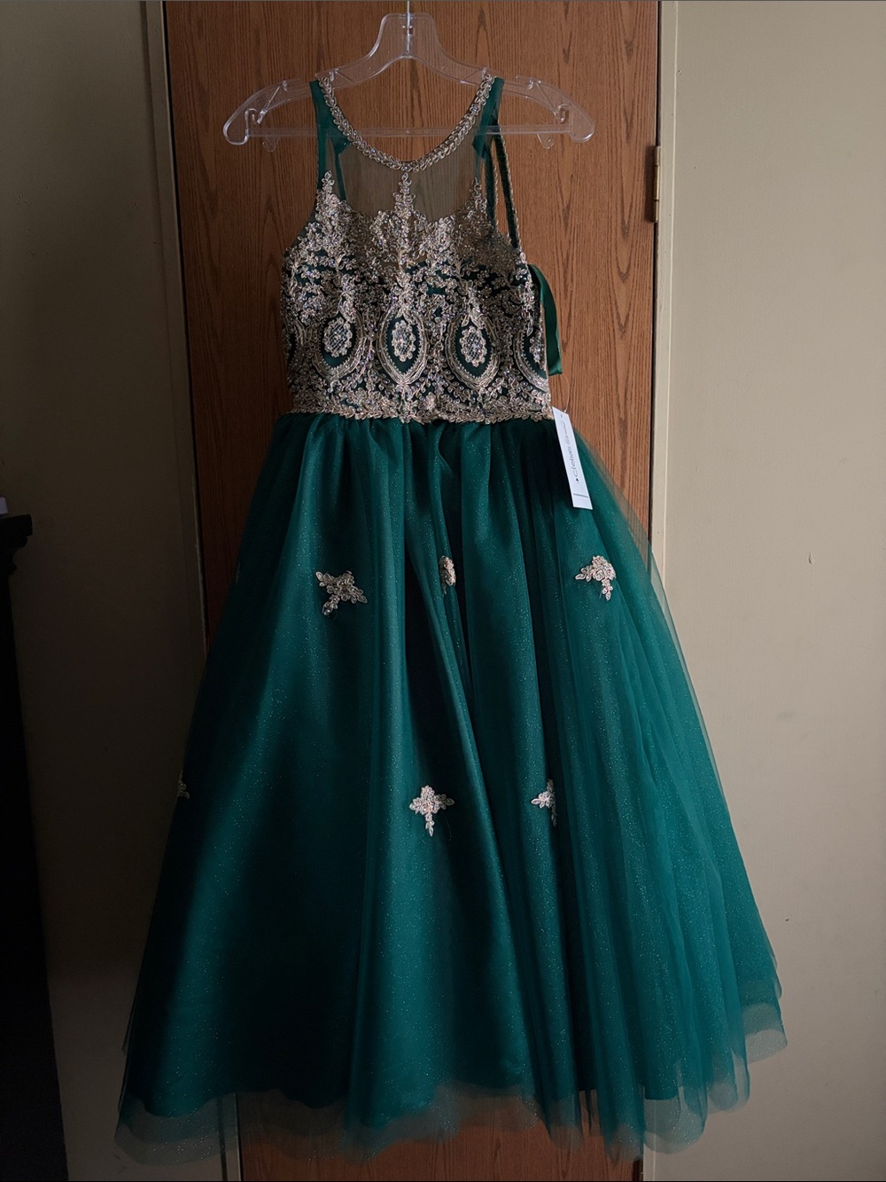 Girls' Teal Beaded Tulle Formal Dress